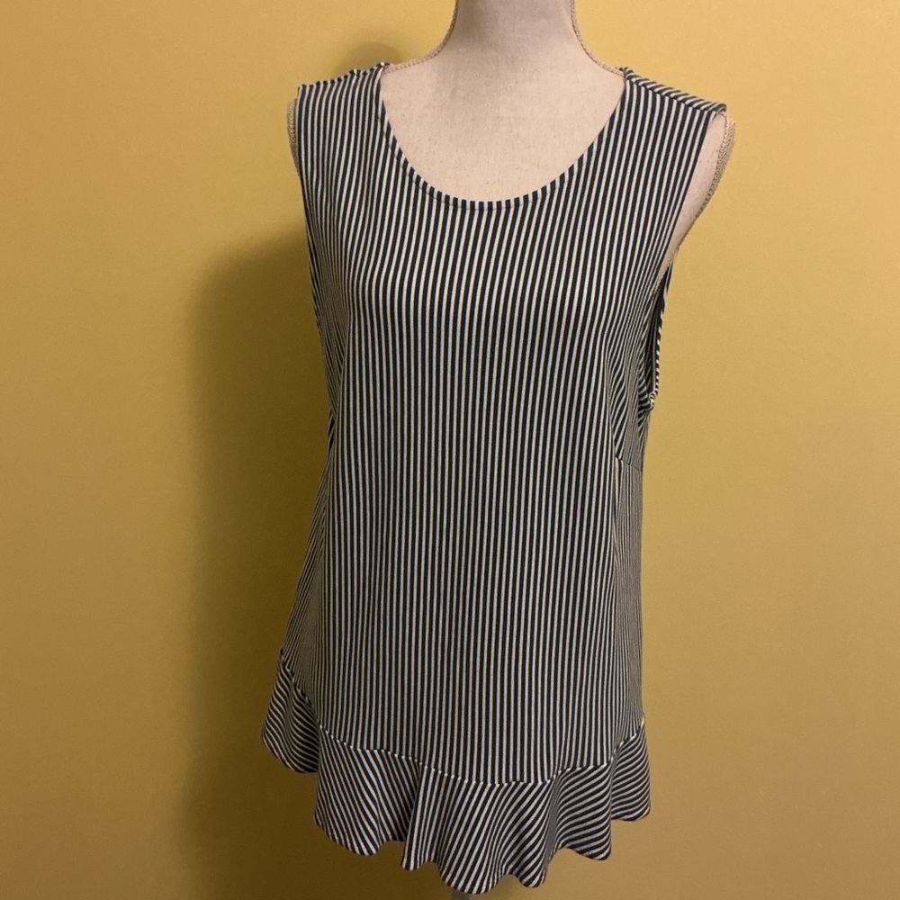 Ann Taylor Factory Blue and White Striped Ruffle Trimmed Top